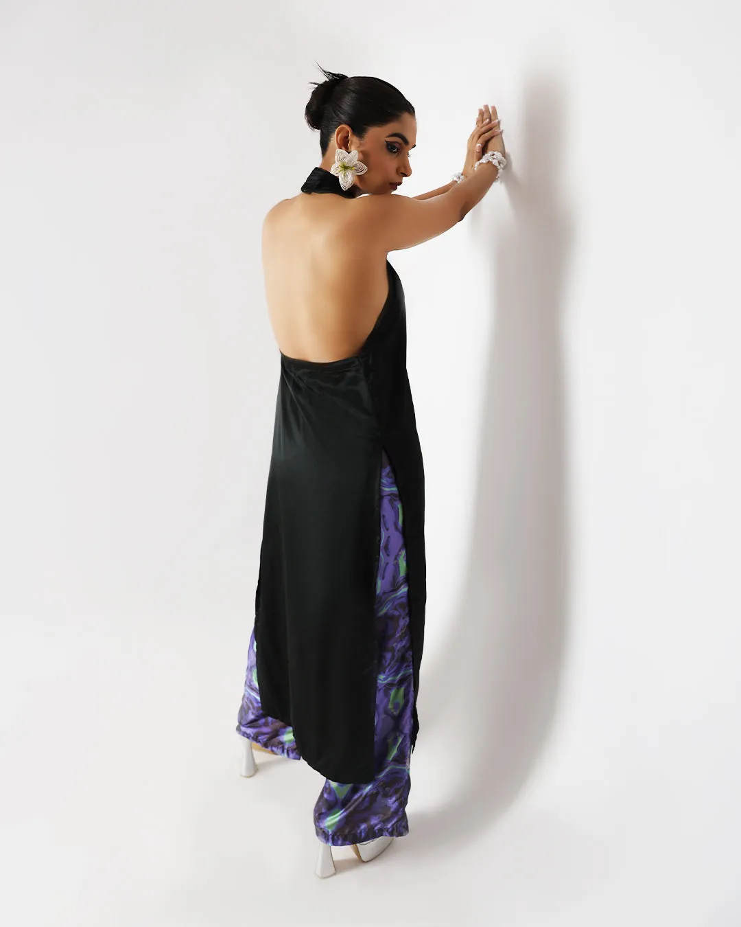 Black Long Drape Halter Silk Top