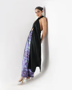 Black Long Drape Halter Silk Top