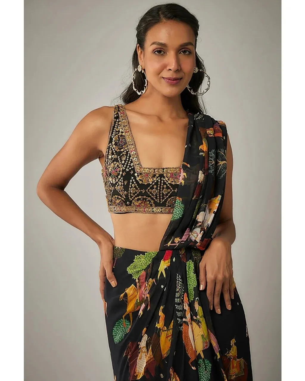 Black Printed Mughal Rhapsody Pre Draped Sari Set