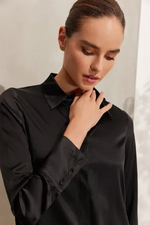 Black Pure Silk Audrey Long Sleeve Shirt
