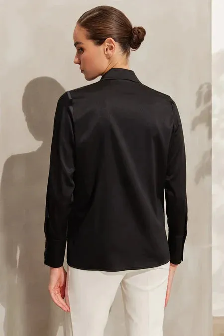 Black Pure Silk Audrey Long Sleeve Shirt