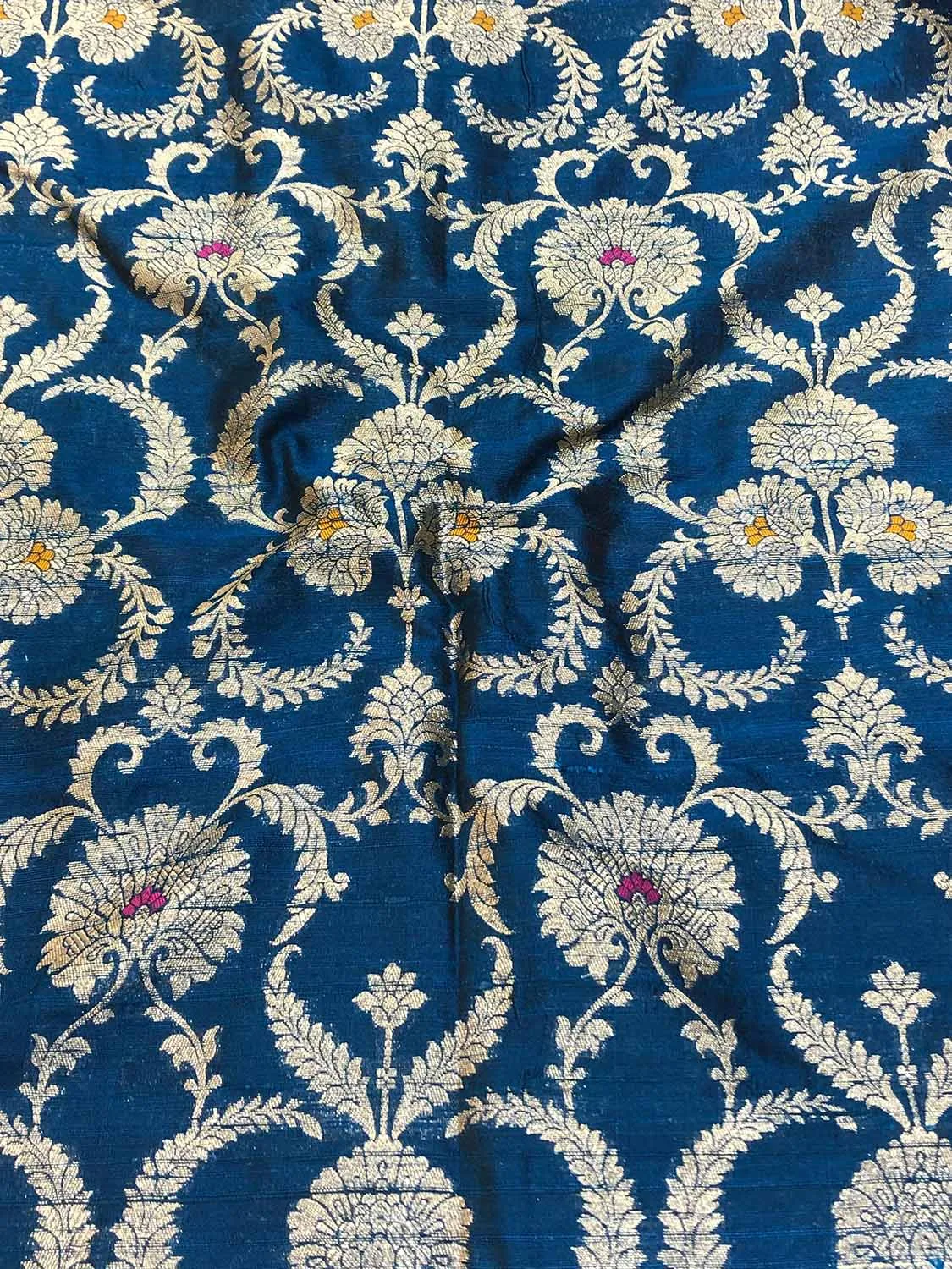 Blue Banarasi Pure Raw Silk Meenakari Fabric ( 1 Mtr )