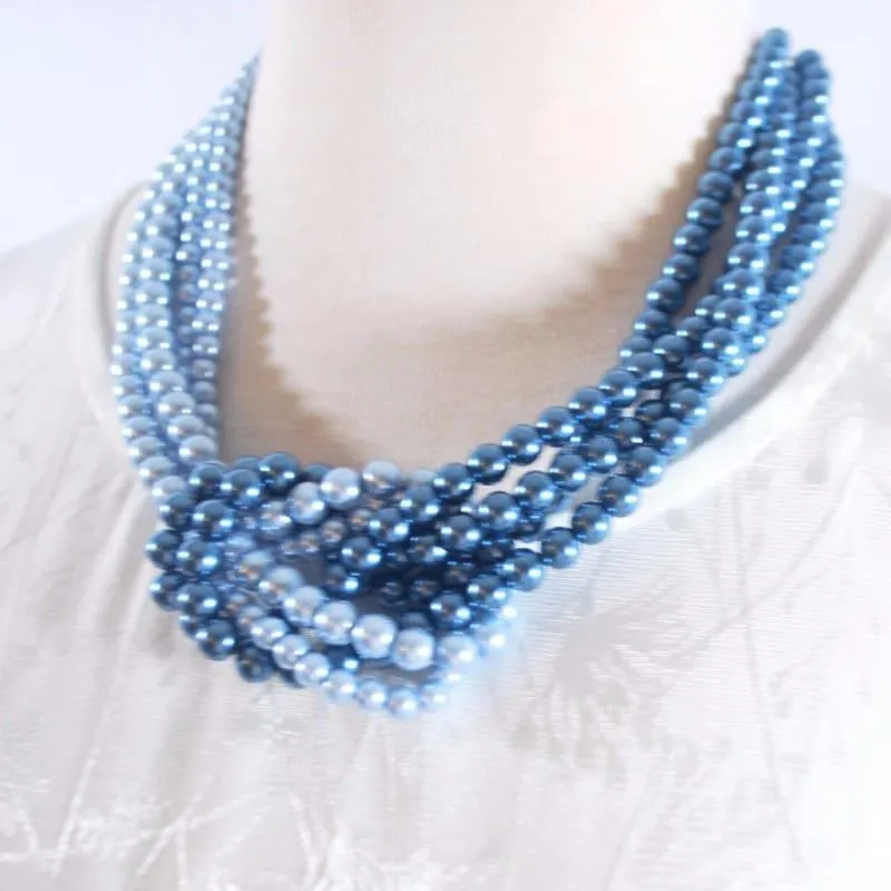 Blue ColorBlock Interlocking Glass Pearls Necklace