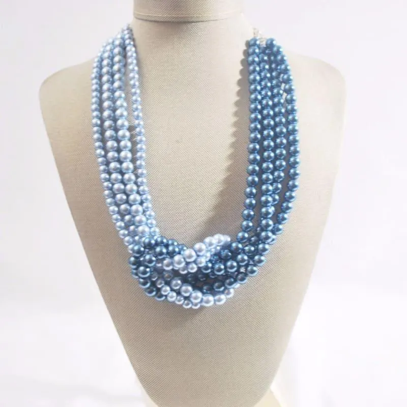 Blue ColorBlock Interlocking Glass Pearls Necklace