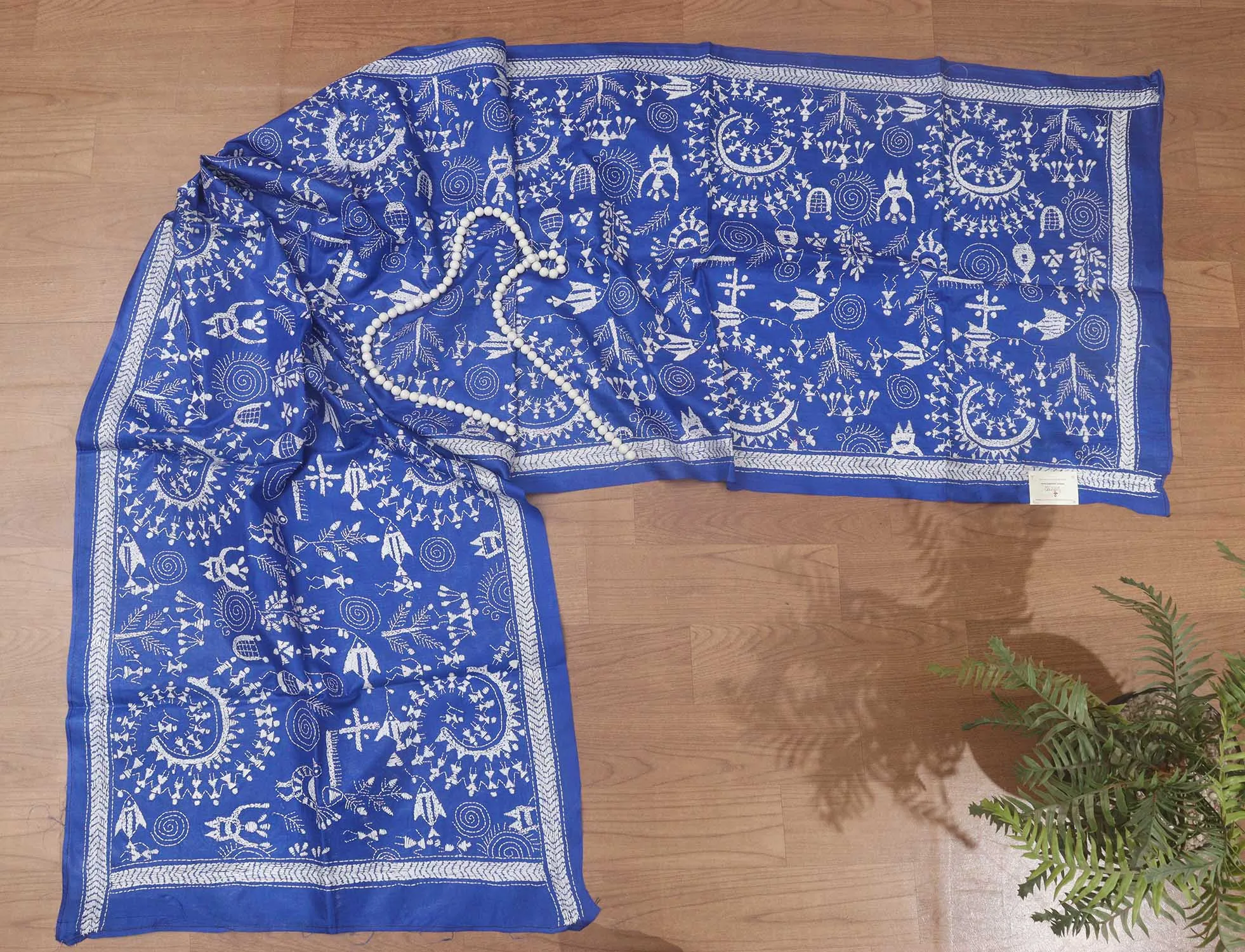 Blue Kantha Silk Stole with Hand Embroidery