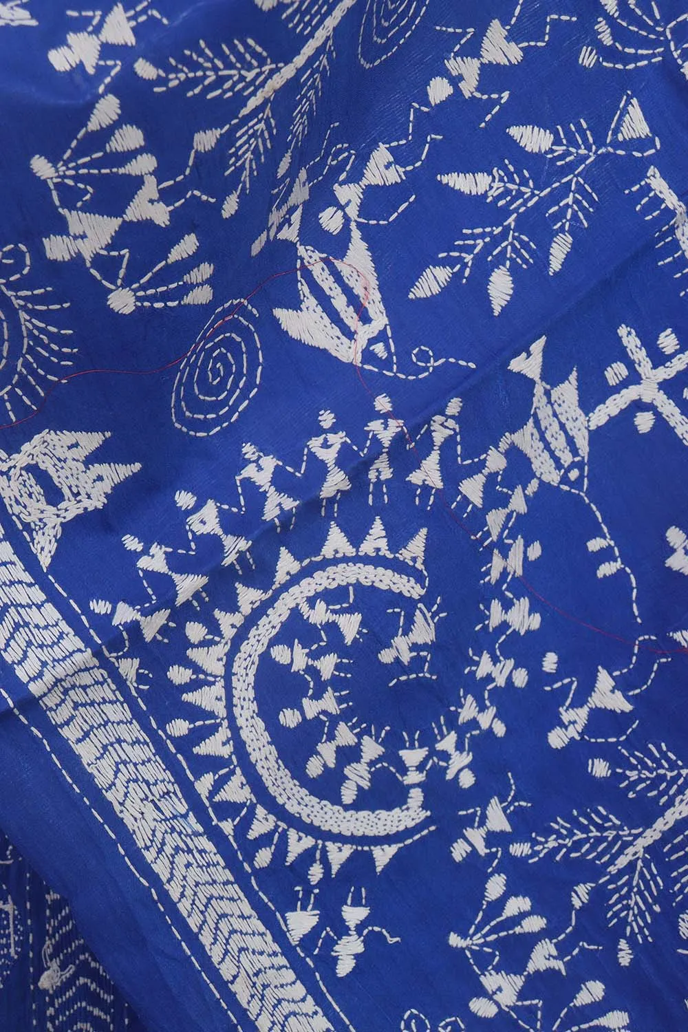 Blue Kantha Silk Stole with Hand Embroidery