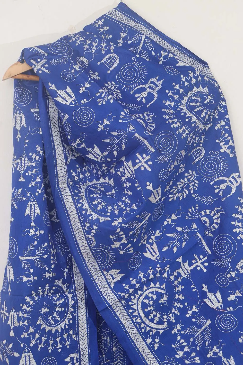 Blue Kantha Silk Stole with Hand Embroidery