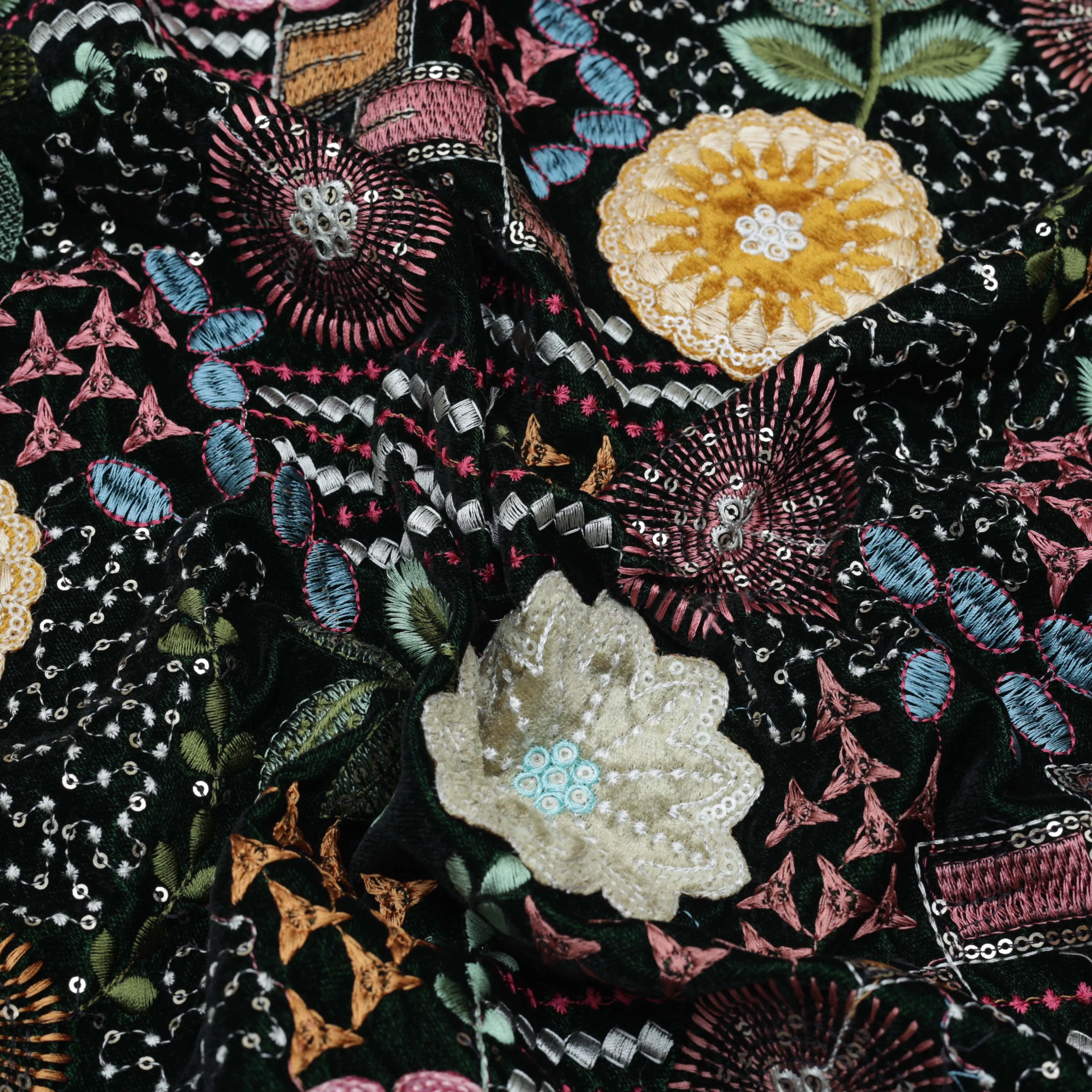 Bottel green Color Velvet Embroidery Fabric
