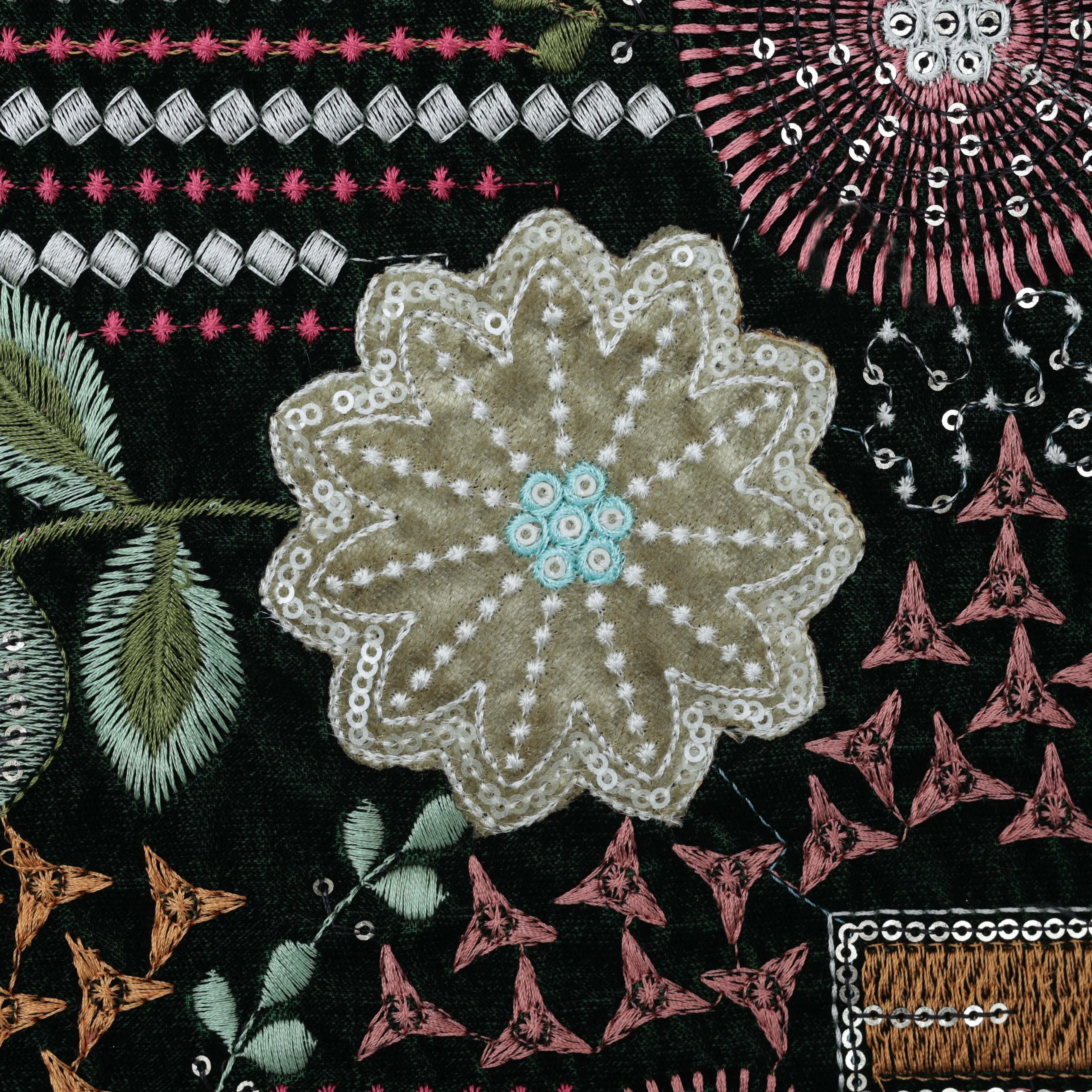 Bottel green Color Velvet Embroidery Fabric