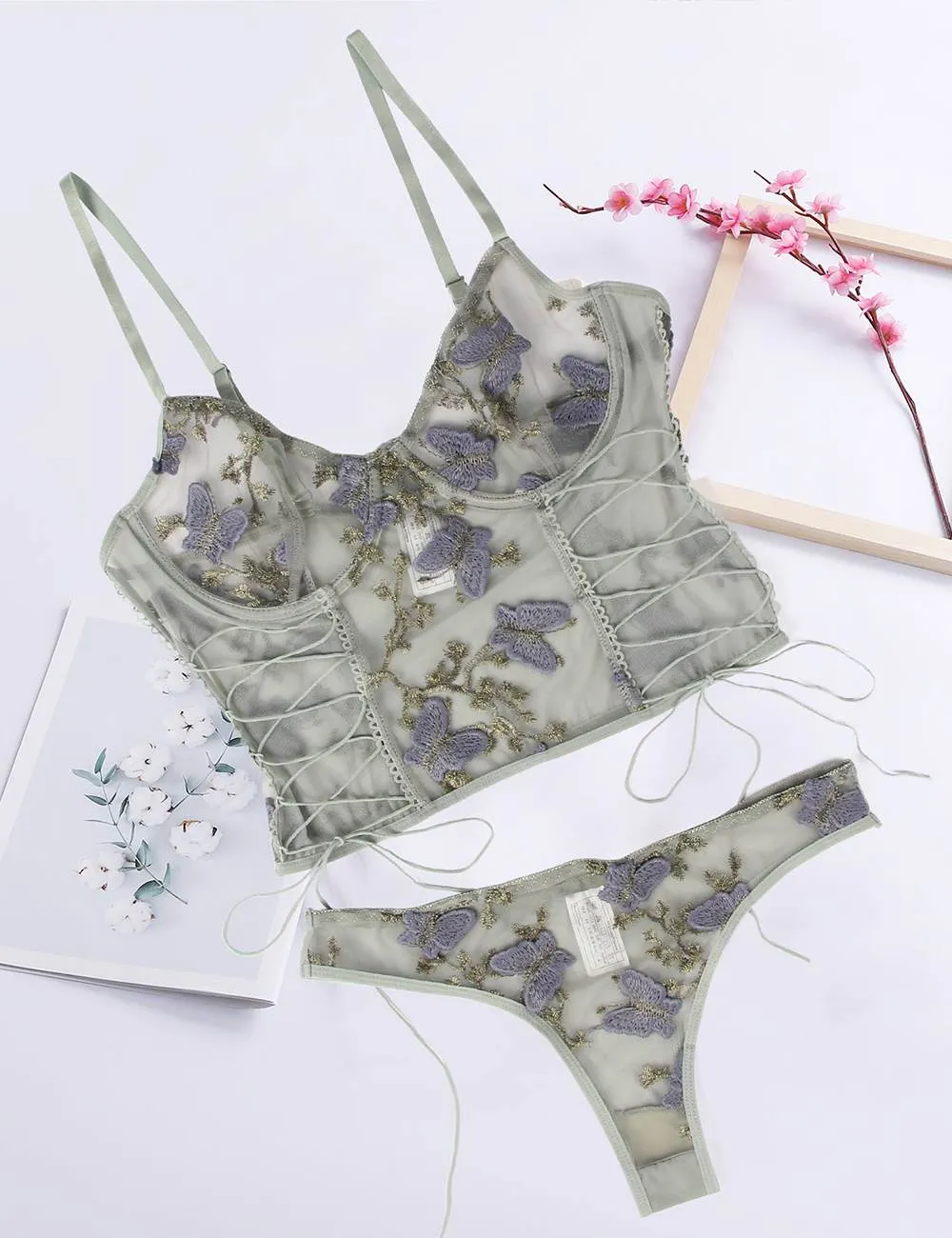 Butterfly Pattern Embroidery Mesh Lingerie Set Egypt With Underwire