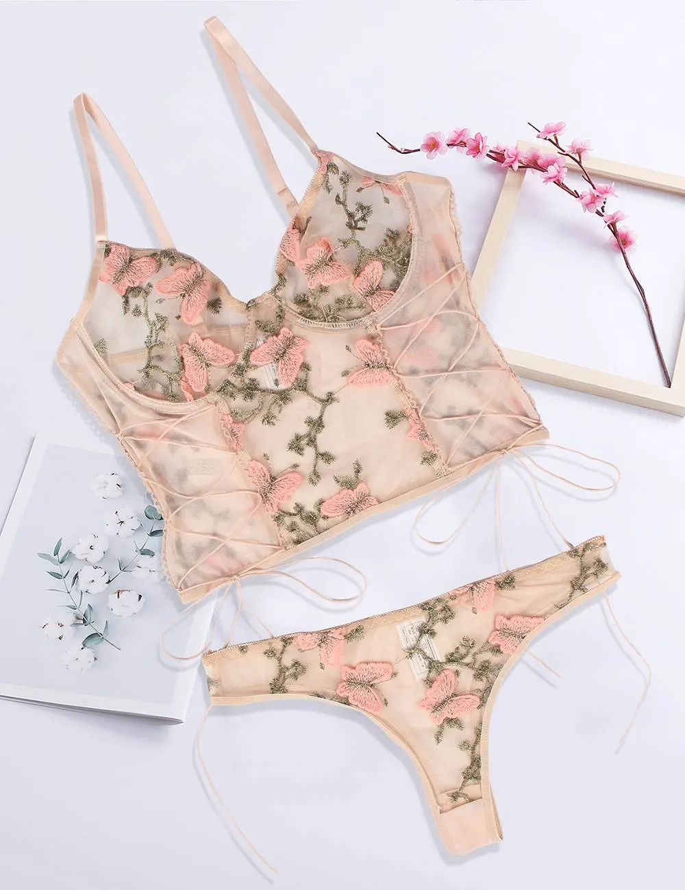 Butterfly Pattern Embroidery Mesh Lingerie Set Egypt With Underwire