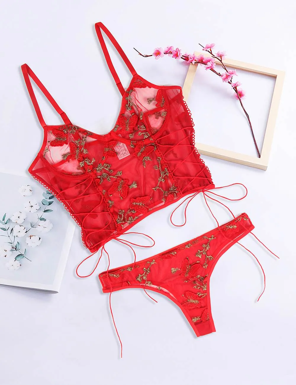 Butterfly Pattern Embroidery Mesh Lingerie Set Egypt With Underwire