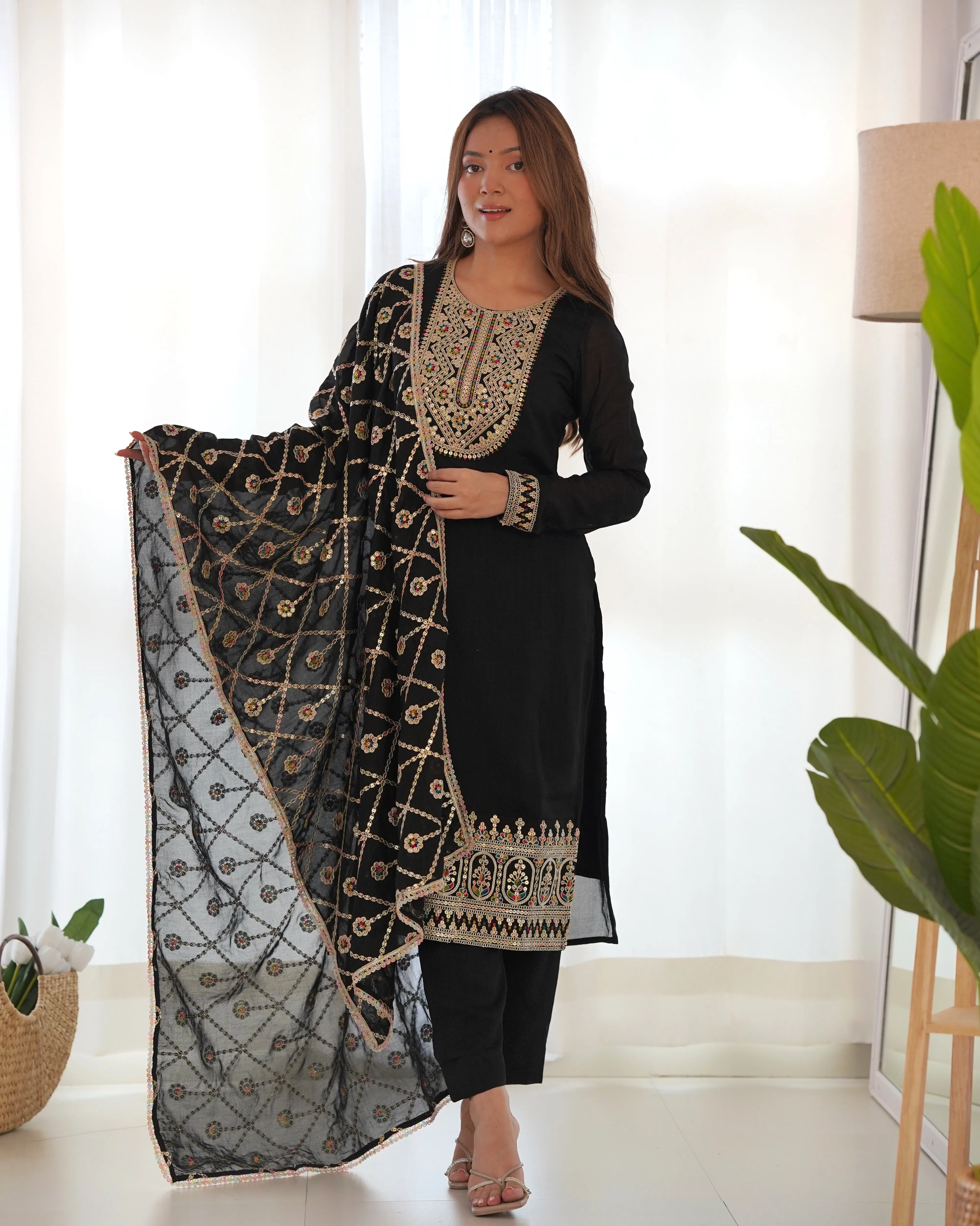 Classic Black Pure Blooming Vichitra Silk Kurta Set with Embroidered Dupatta