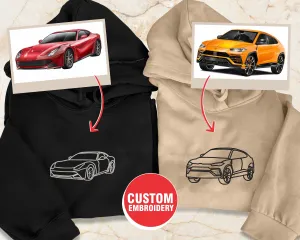Custom Car Portrait from Photo Embroidered Hoodie, Personalised Car Drawing Sweater, Line Art Outline Car Gift Hoodie, Gift for Boyfriend