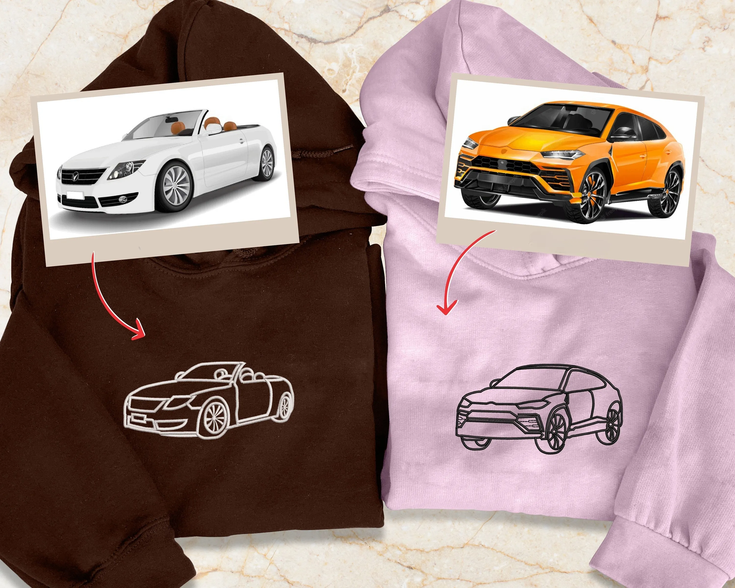 Custom Car Portrait from Photo Embroidered Hoodie, Personalised Car Drawing Sweater, Line Art Outline Car Gift Hoodie, Gift for Boyfriend