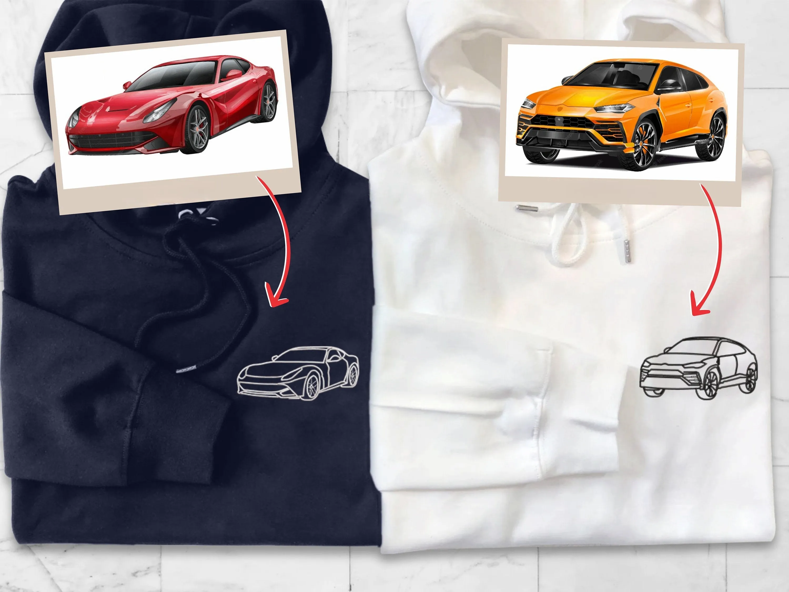 Custom Car Portrait from Photo Embroidered Hoodie, Personalised Car Drawing Sweater, Line Art Outline Car Gift Hoodie, Gift for Boyfriend
