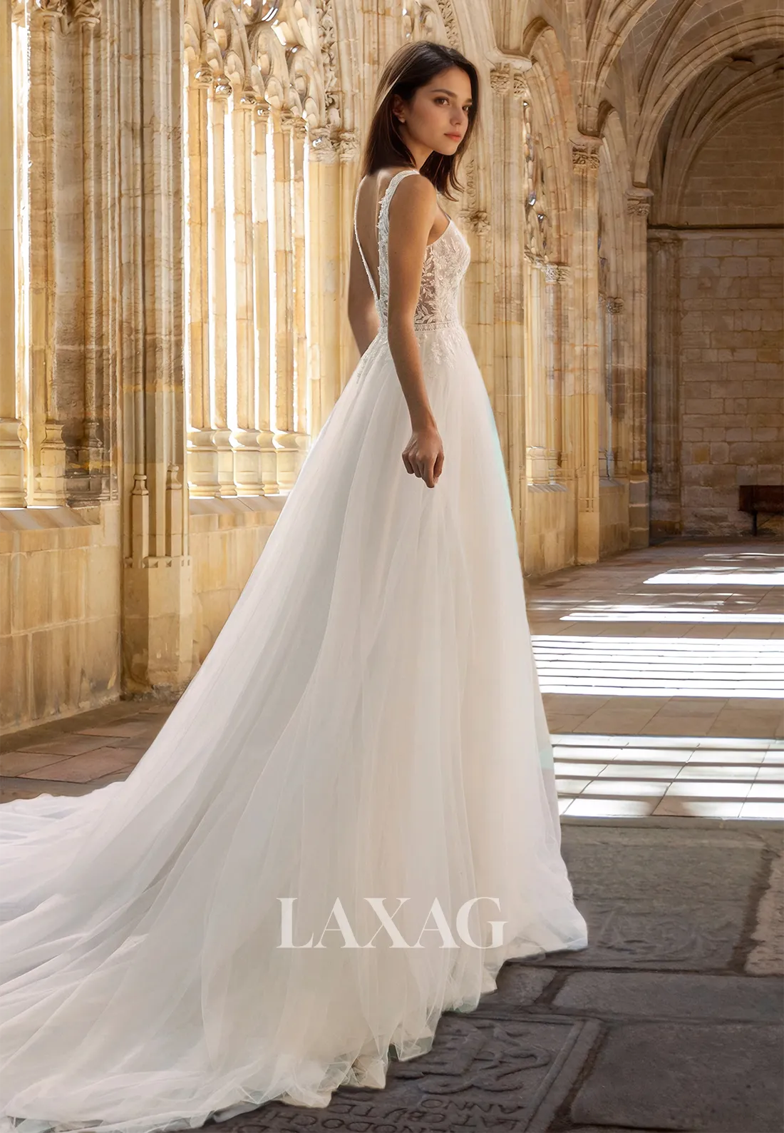 Deep V-Neck Straps Off-Shoulder Sleeveless A-Line Wedding Dress Beaded Lace Applique Tulle Bride Gowns