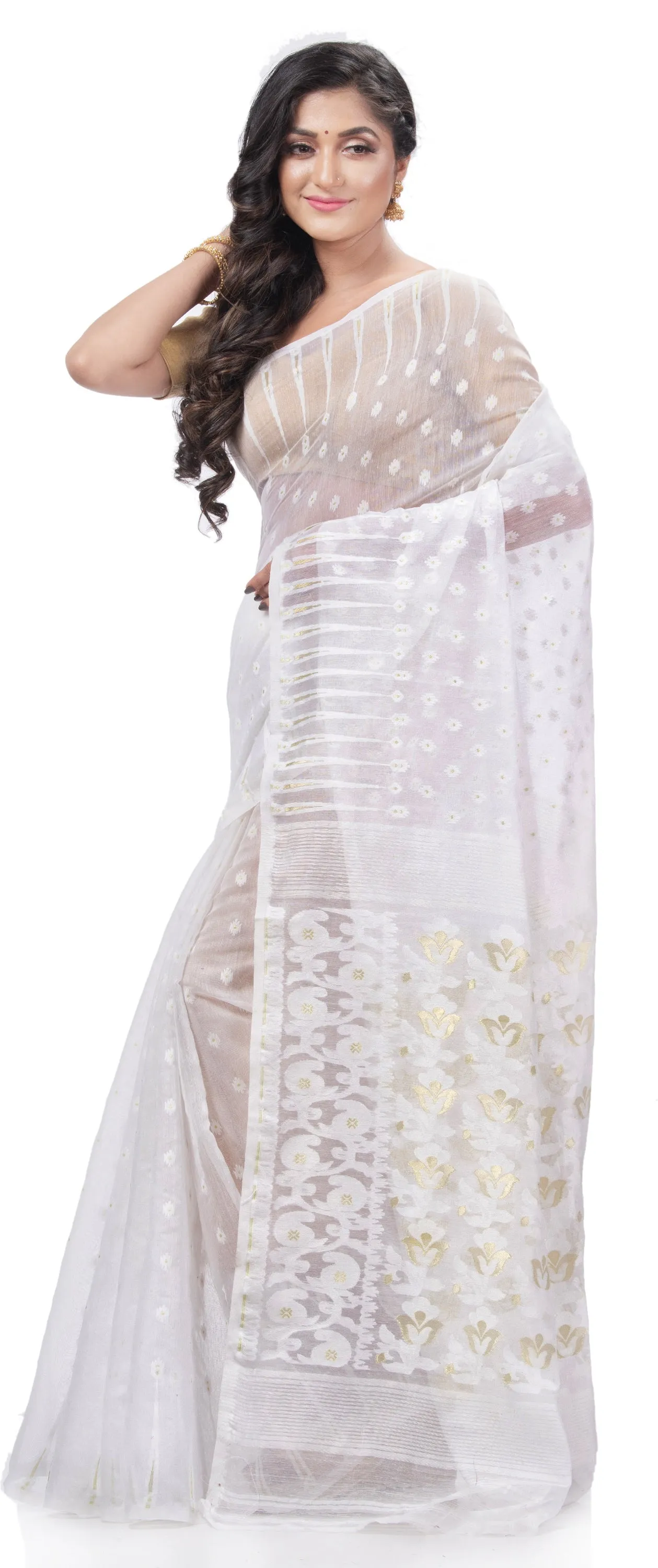 Desh Bidesh Woven Jamdani Handloom Pure Cotton Saree (White)