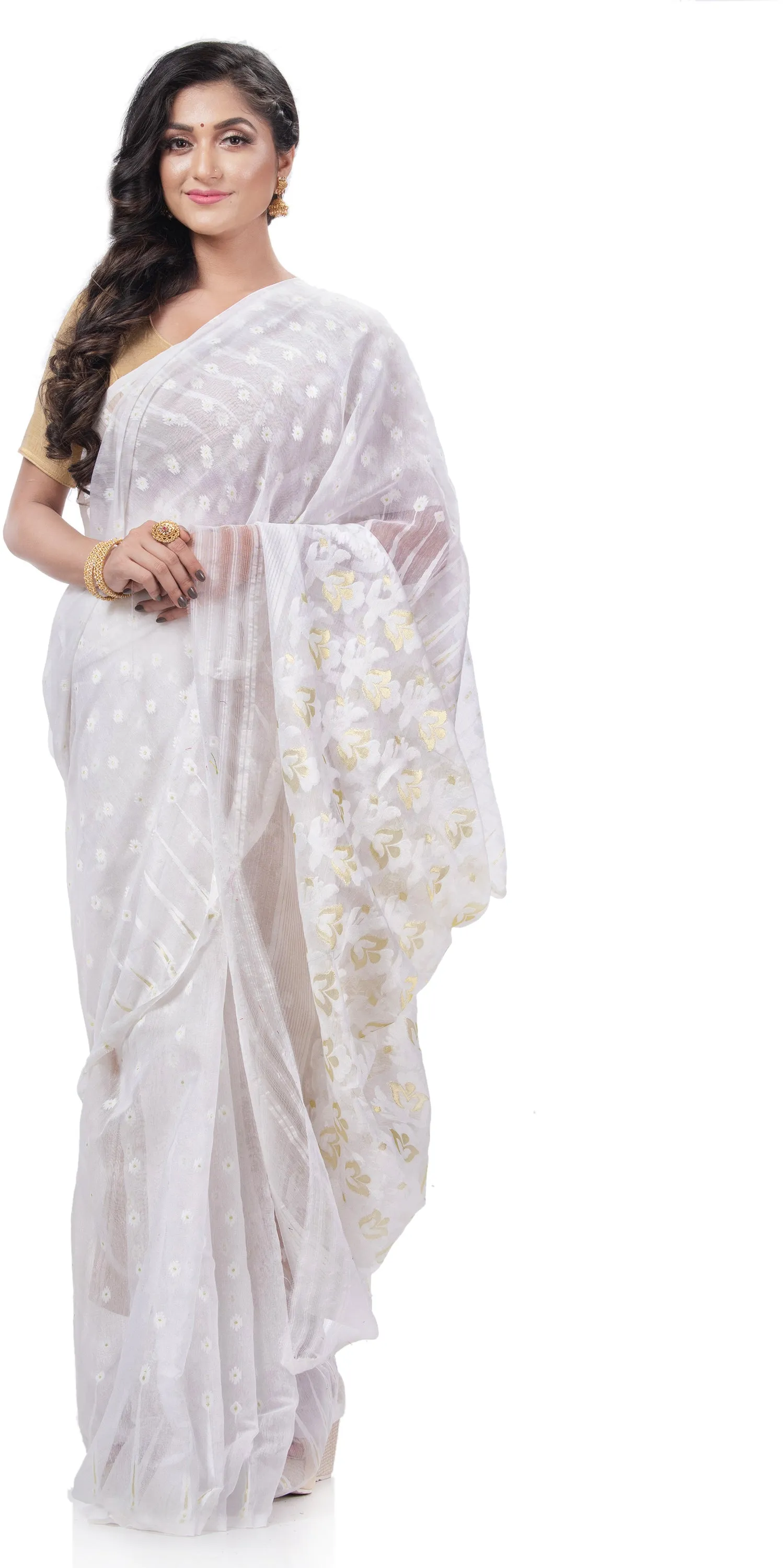Desh Bidesh Woven Jamdani Handloom Pure Cotton Saree (White)
