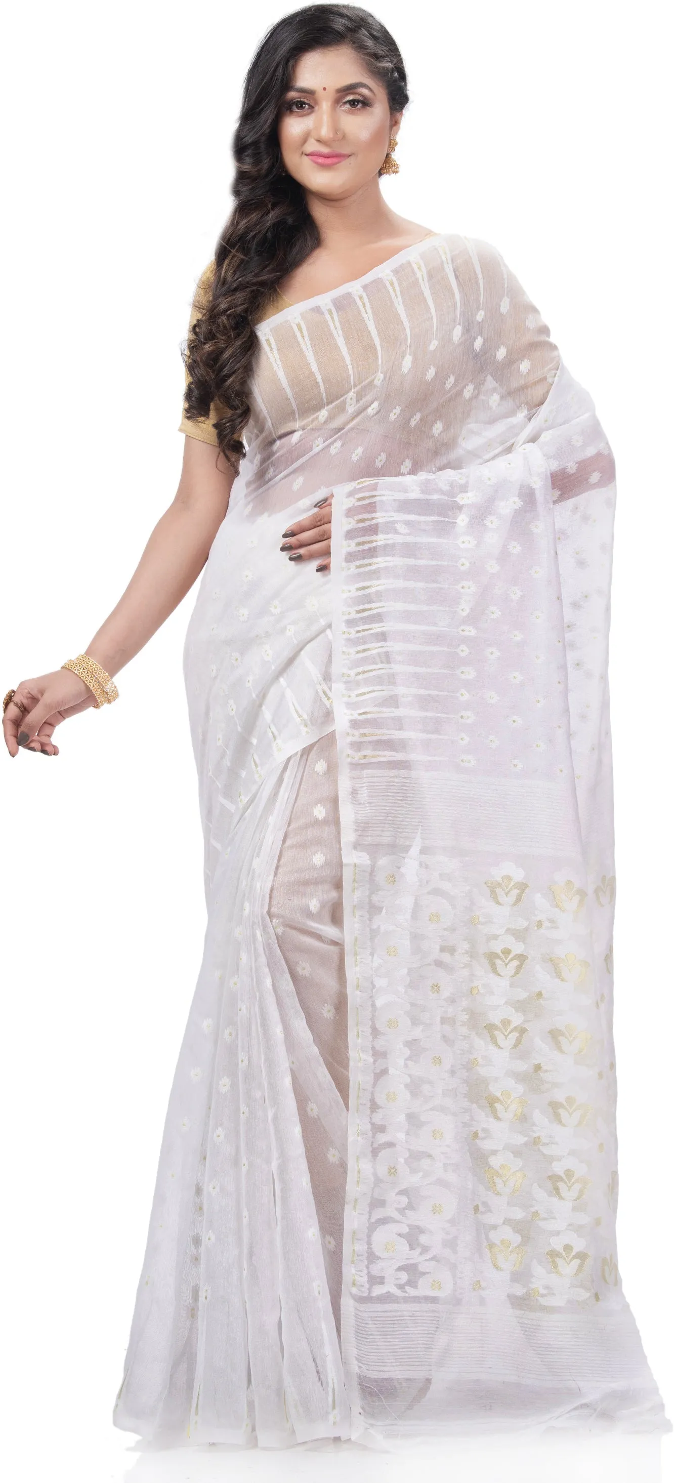 Desh Bidesh Woven Jamdani Handloom Pure Cotton Saree (White)