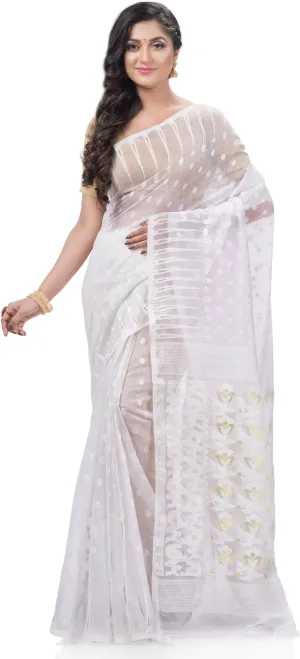 Desh Bidesh Woven Jamdani Handloom Pure Cotton Saree (White)