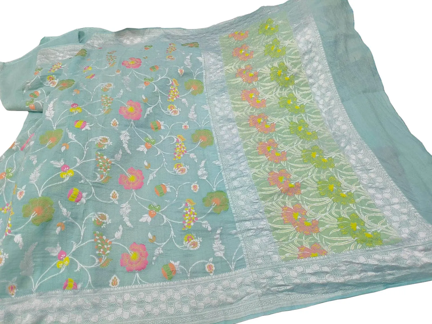 Elegant Blue Banarasi Handloom Pure Tussar Georgette Meenakari Saree