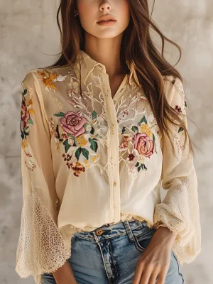 Elegant Floral Embroidered Lace Bell Sleeves Blouse