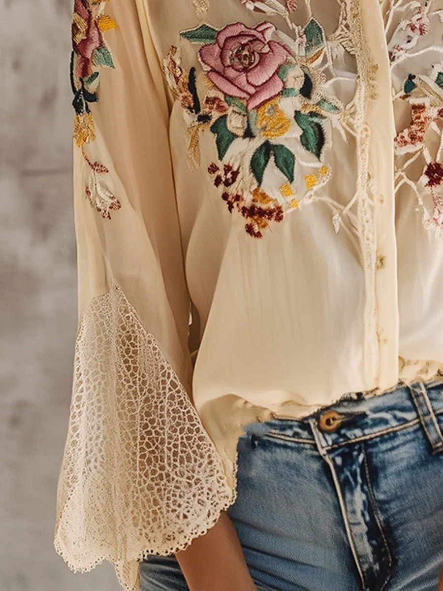Elegant Floral Embroidered Lace Bell Sleeves Blouse