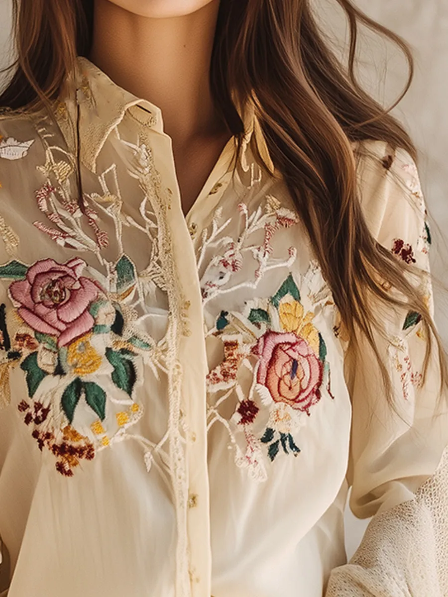 Elegant Floral Embroidered Lace Bell Sleeves Blouse