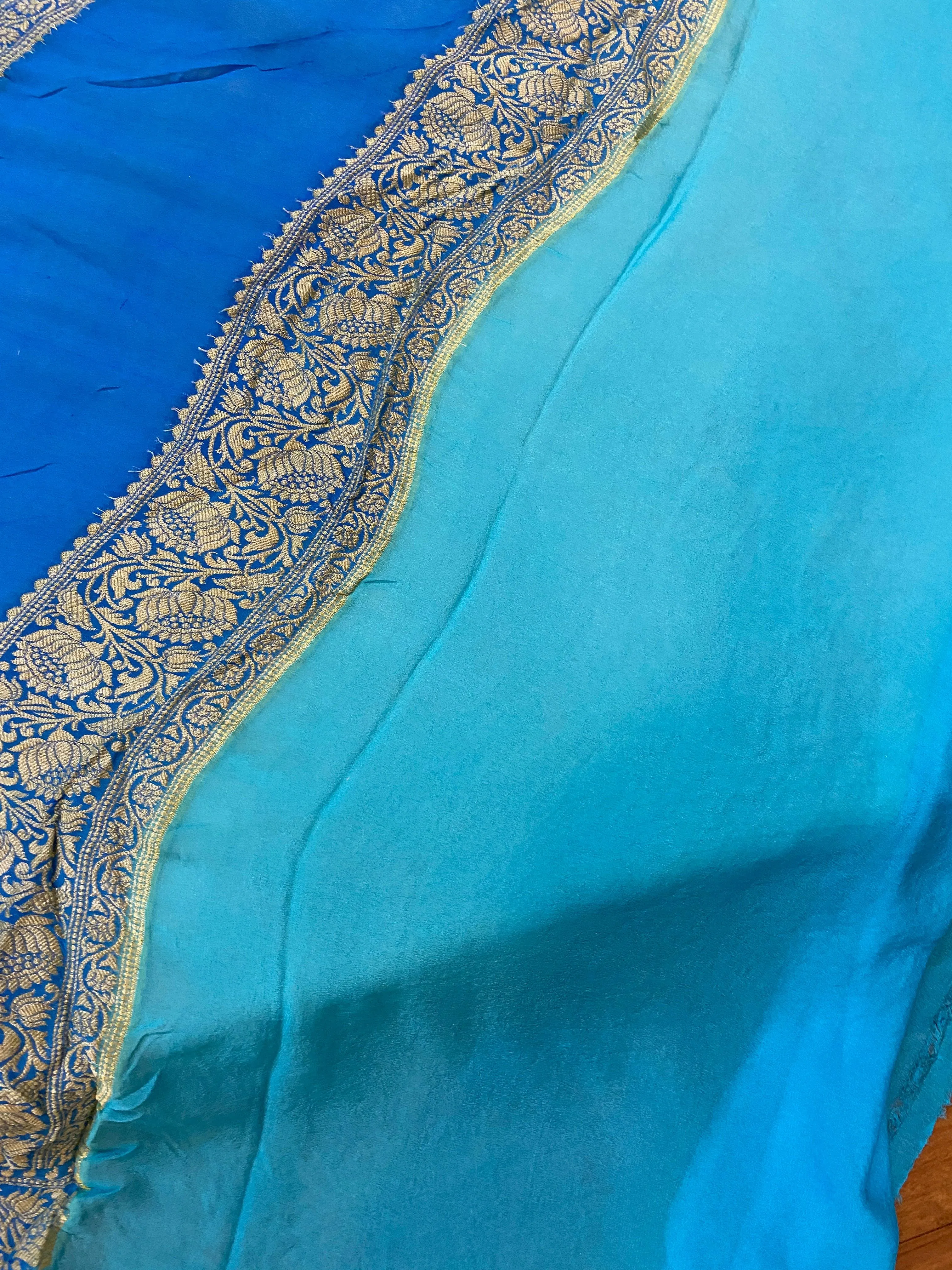 Elegant Glamour: Blue Rangkaat Pure Khaddi Georgette Banarasi Saree for Party Wear