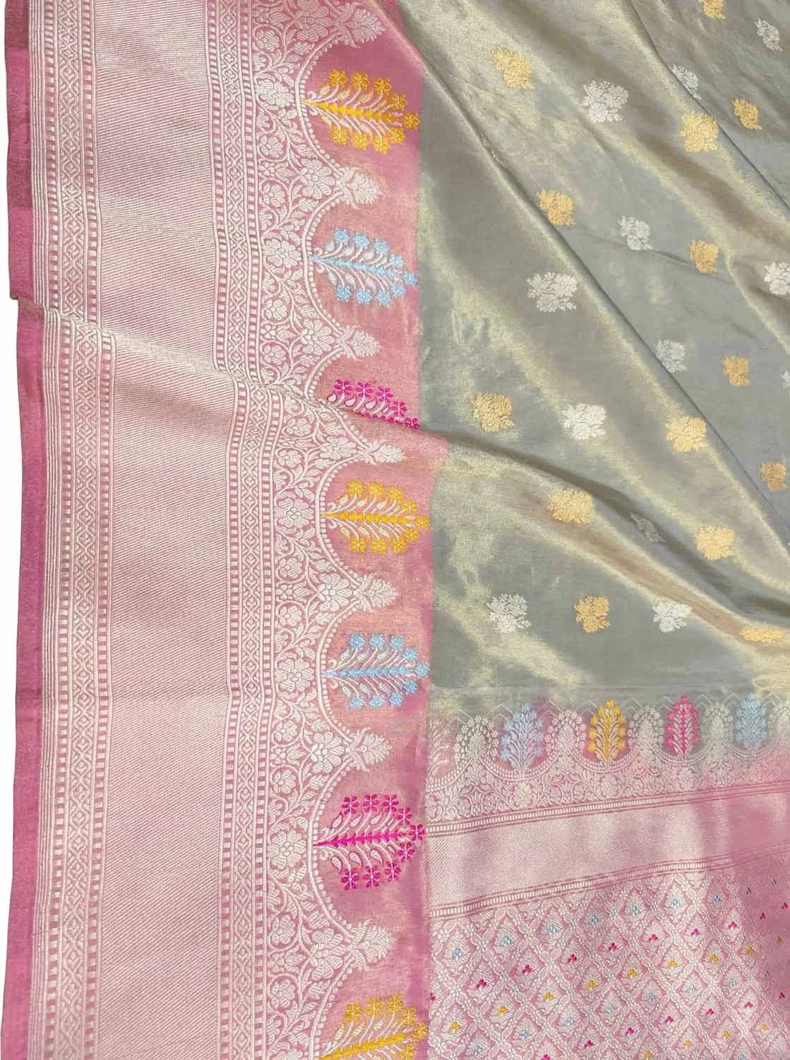 Elegant Grey Handloom Banarasi Pure Tissue Silk Saree With Meenakari Border