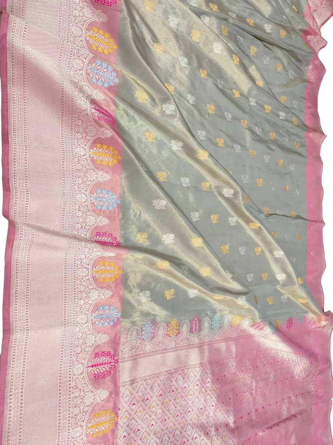 Elegant Grey Handloom Banarasi Pure Tissue Silk Saree With Meenakari Border