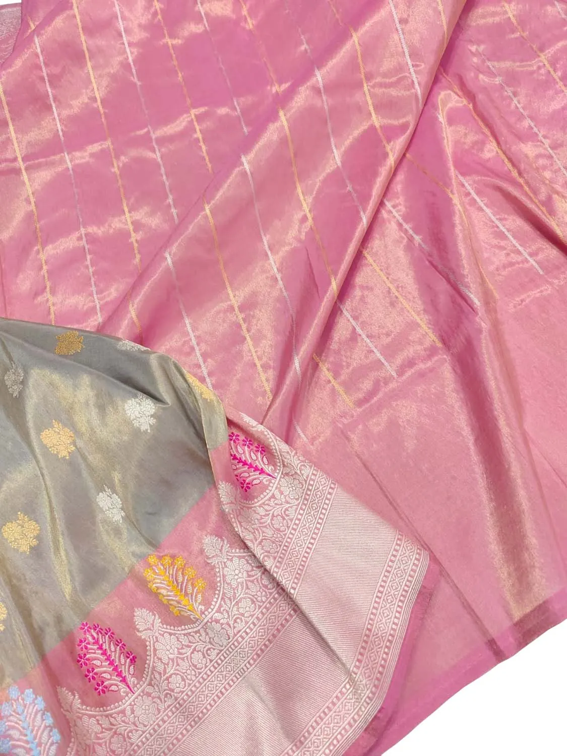 Elegant Grey Handloom Banarasi Pure Tissue Silk Saree With Meenakari Border