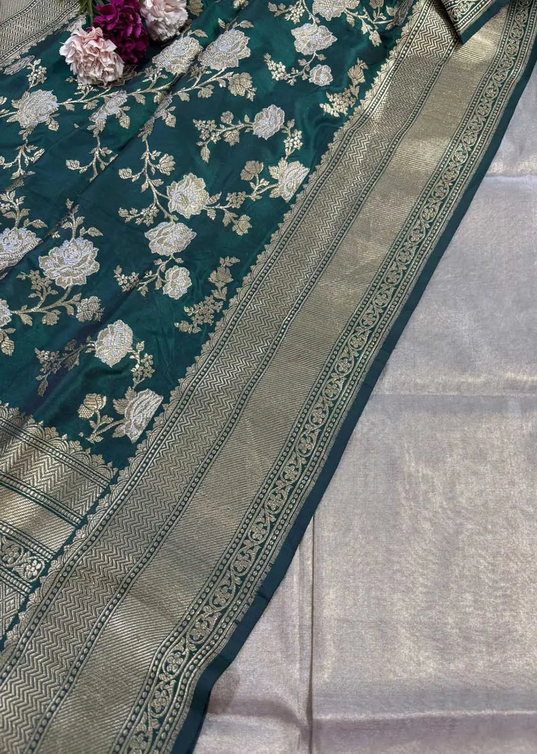 Elegant Greyish Golden Banarasi Tissue Katan Silk Suit With Banarasi Handloom Pure Katan Silk Dupatta
