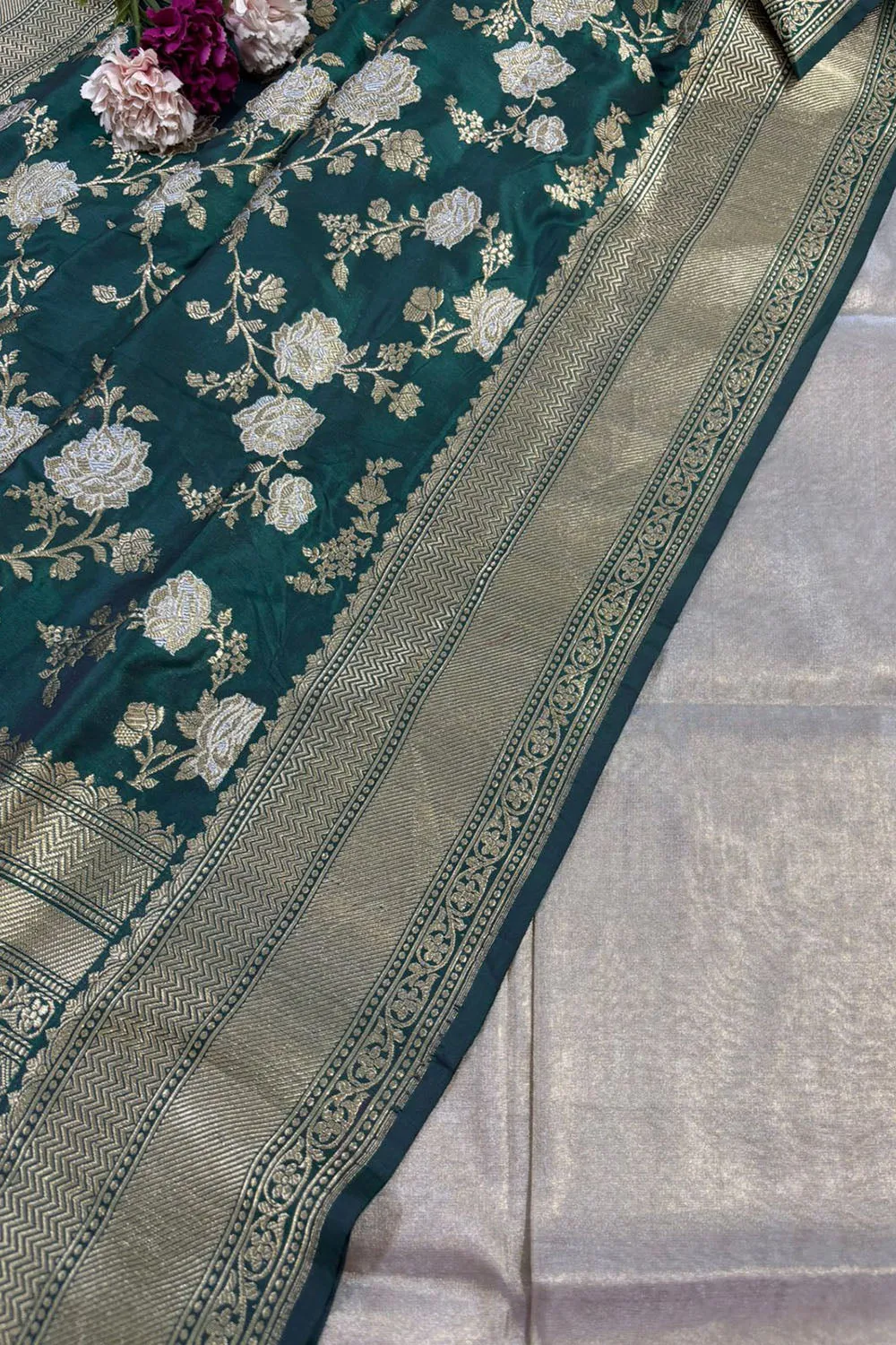 Elegant Greyish Golden Banarasi Tissue Katan Silk Suit With Banarasi Handloom Pure Katan Silk Dupatta