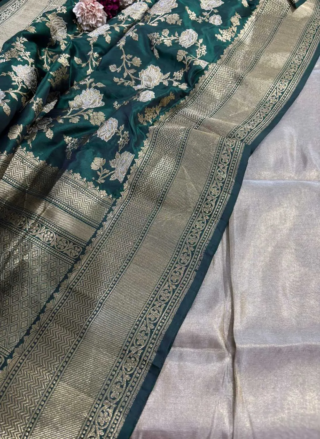 Elegant Greyish Golden Banarasi Tissue Katan Silk Suit With Banarasi Handloom Pure Katan Silk Dupatta