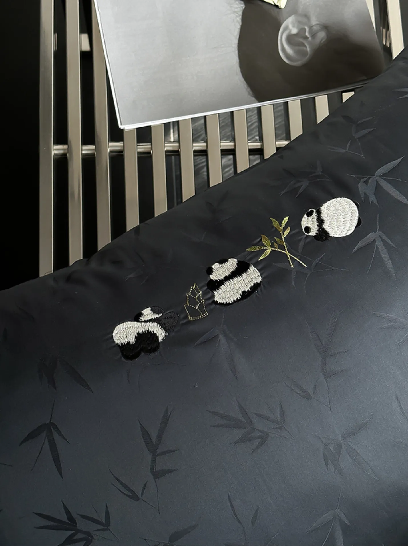 Elegant Panda & Bamboo Embroidery Cotton Bedding Set