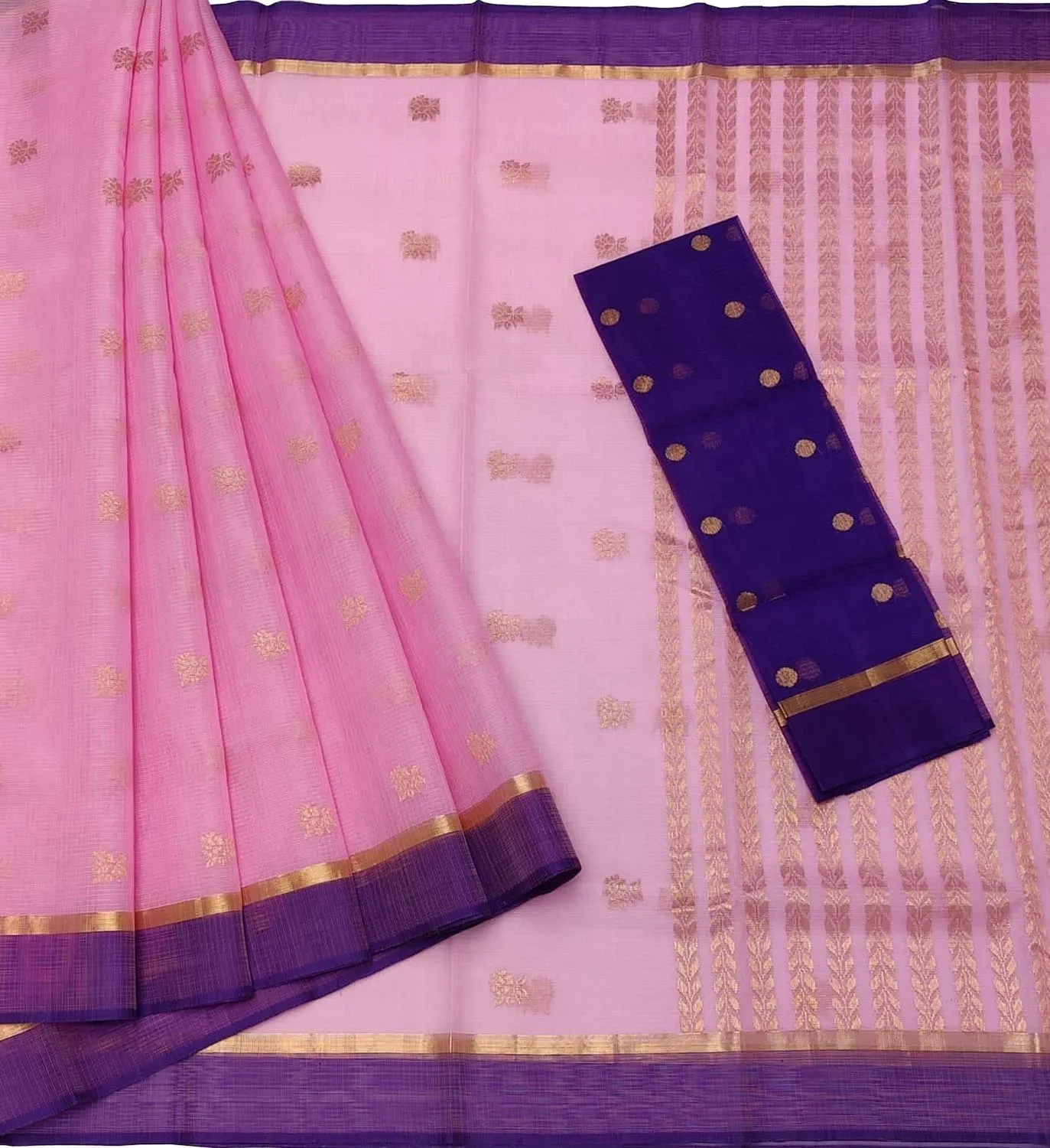 Elegant Pink & Blue Handloom Kota Doria Zari Saree