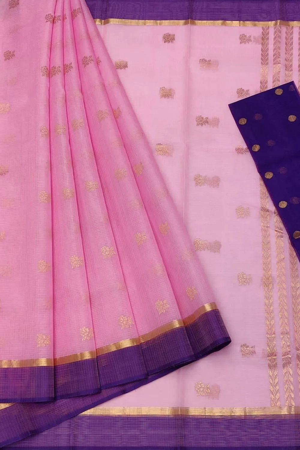 Elegant Pink & Blue Handloom Kota Doria Zari Saree