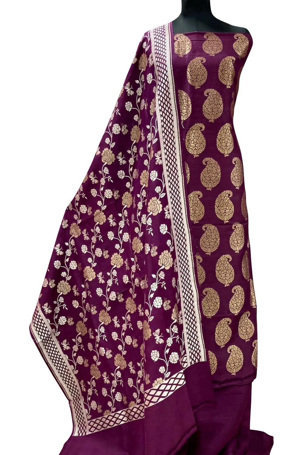 Elegant Purple Banarasi Moonga Silk Unstitched Suit Set