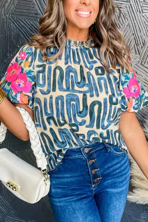 Embroidered Puff Sleeve Frilled Neck Printed Top