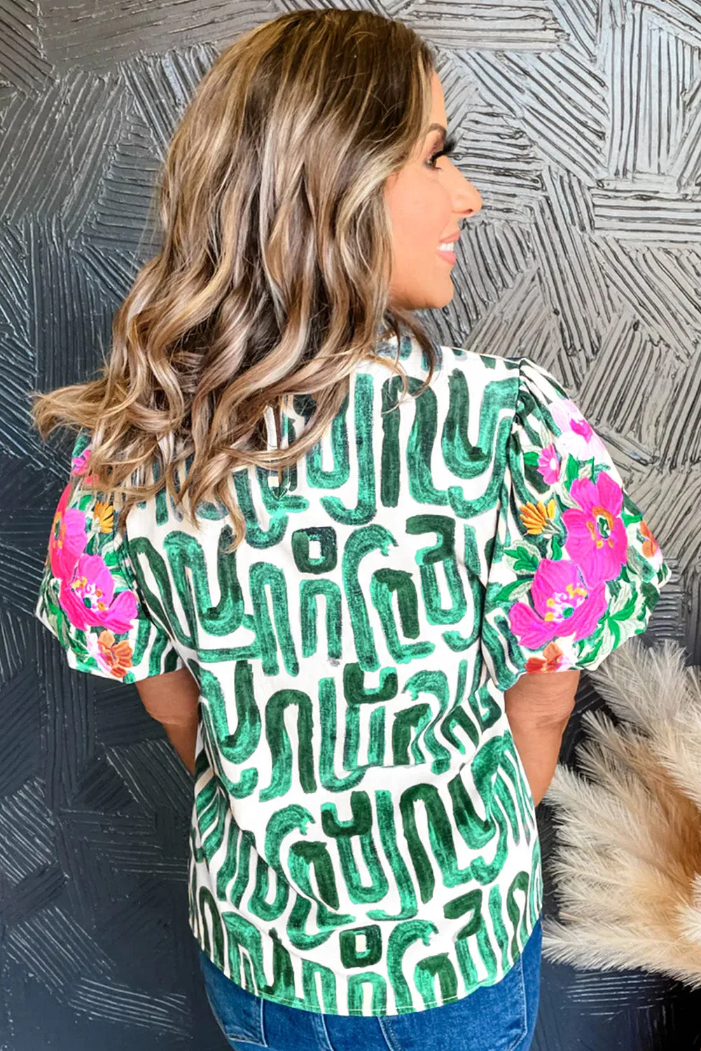 Embroidered Puff Sleeve Frilled Neck Printed Top