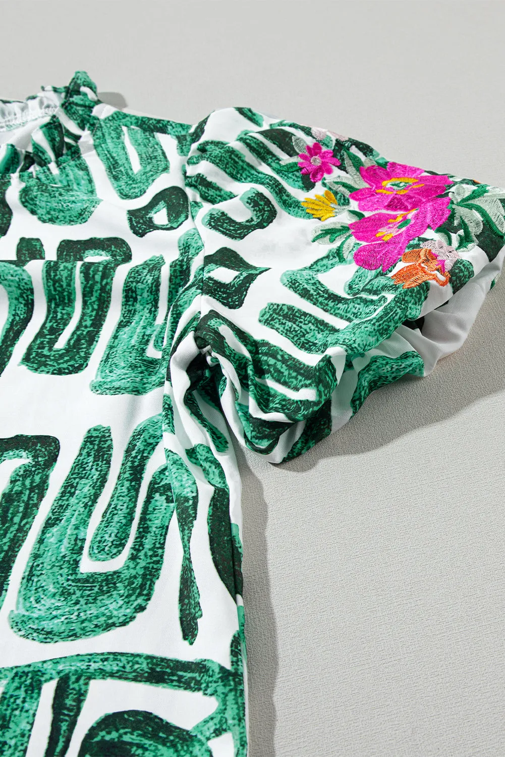 Embroidered Puff Sleeve Frilled Neck Printed Top