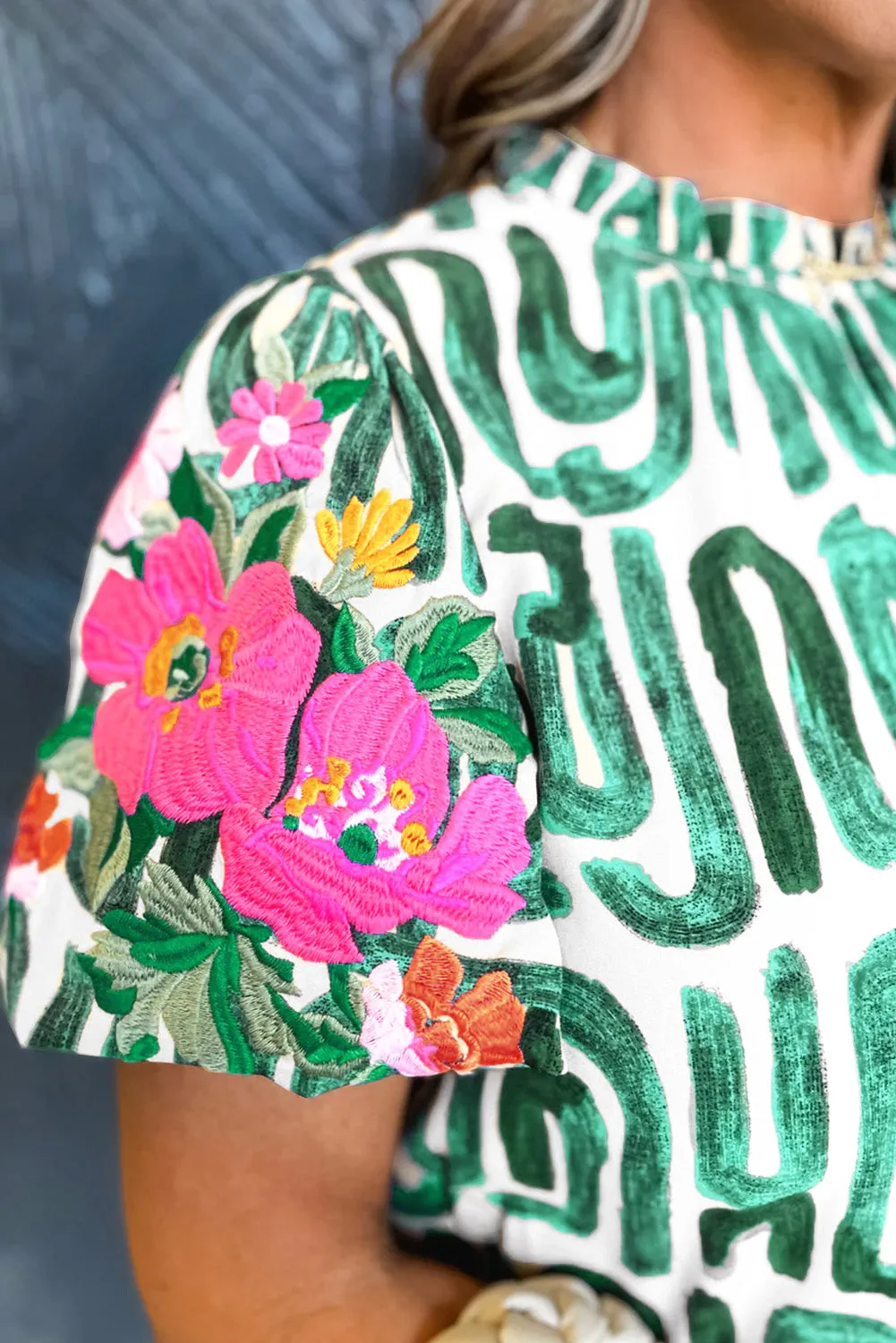 Embroidered Puff Sleeve Frilled Neck Printed Top