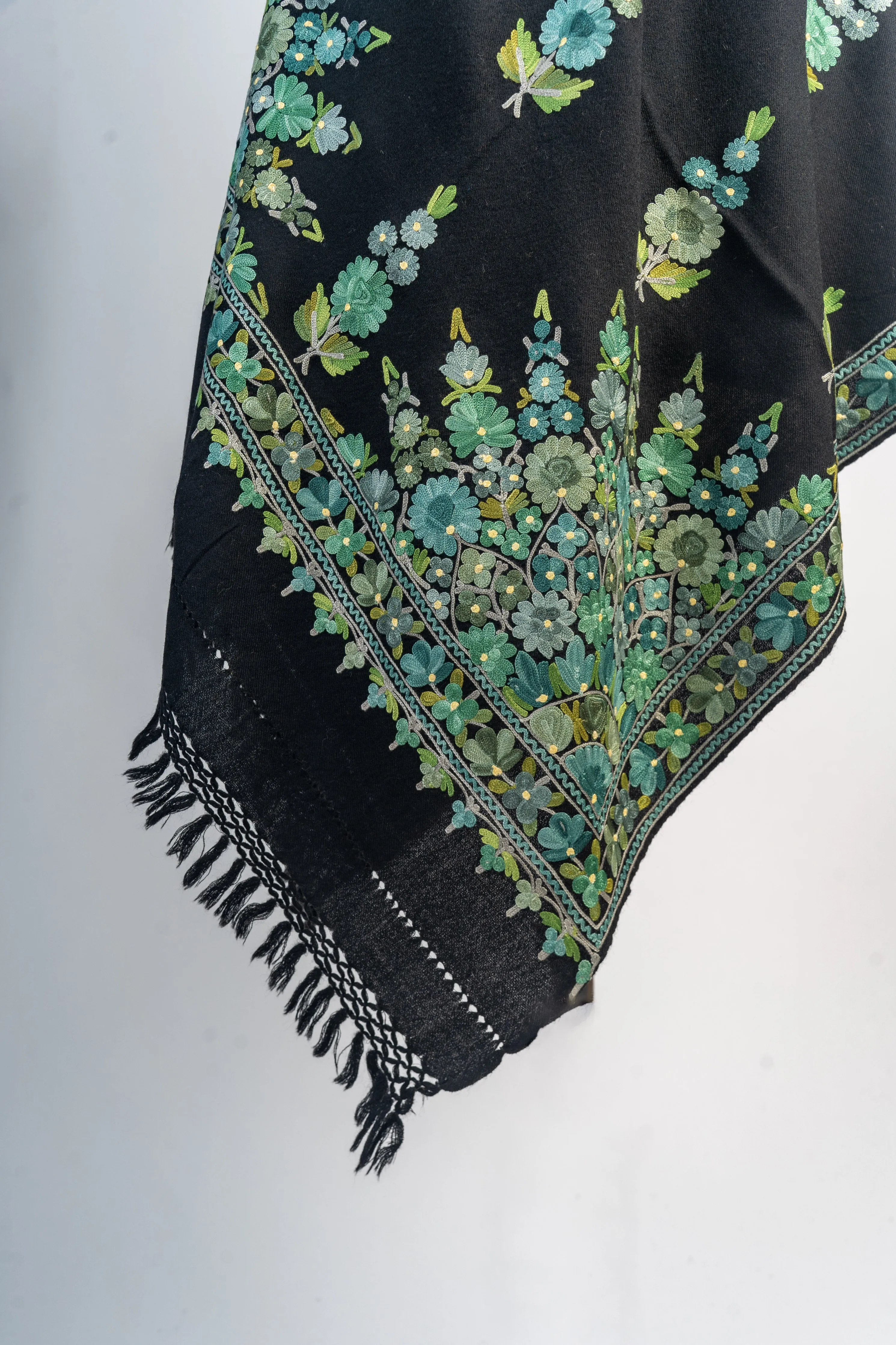 Emerald Garden Merino Wool Scarf with Intricate Aari Embroidery