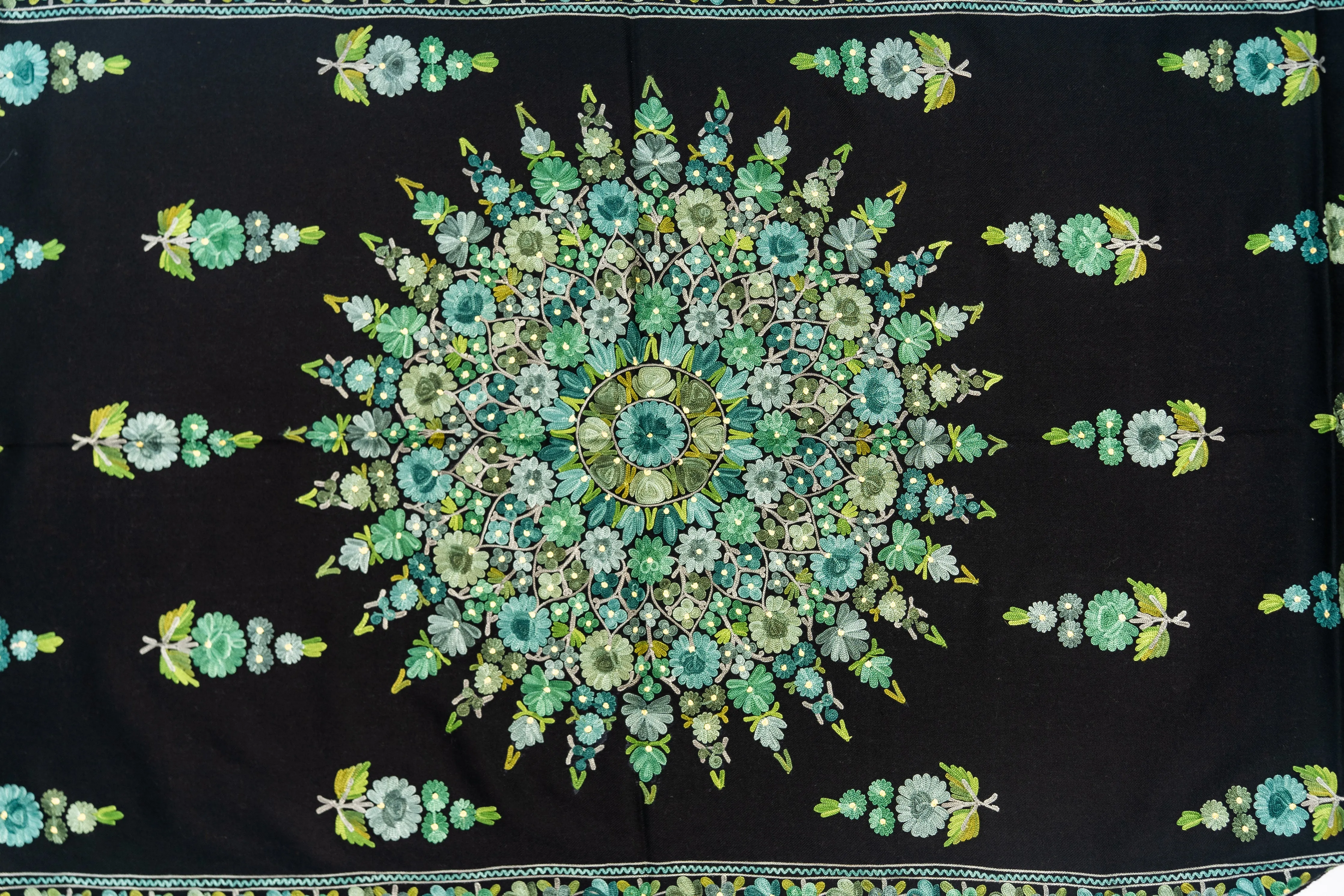 Emerald Garden Merino Wool Scarf with Intricate Aari Embroidery