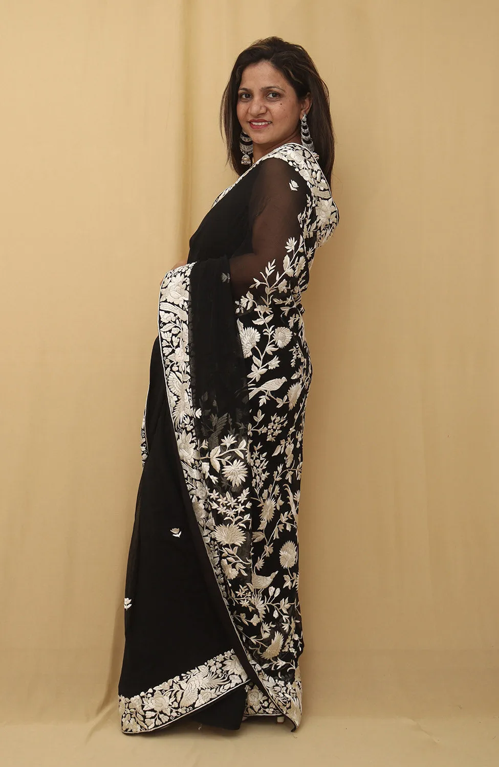 Exquisite Black Hand Embroidered Parsi Gara Saree with Pure Georgette and Floral Design