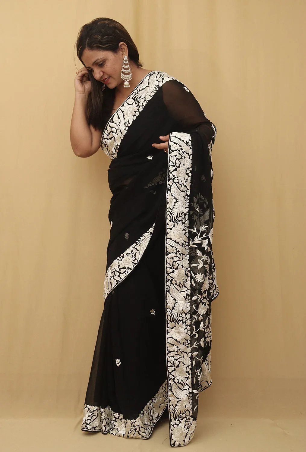Exquisite Black Hand Embroidered Parsi Gara Saree with Pure Georgette and Floral Design