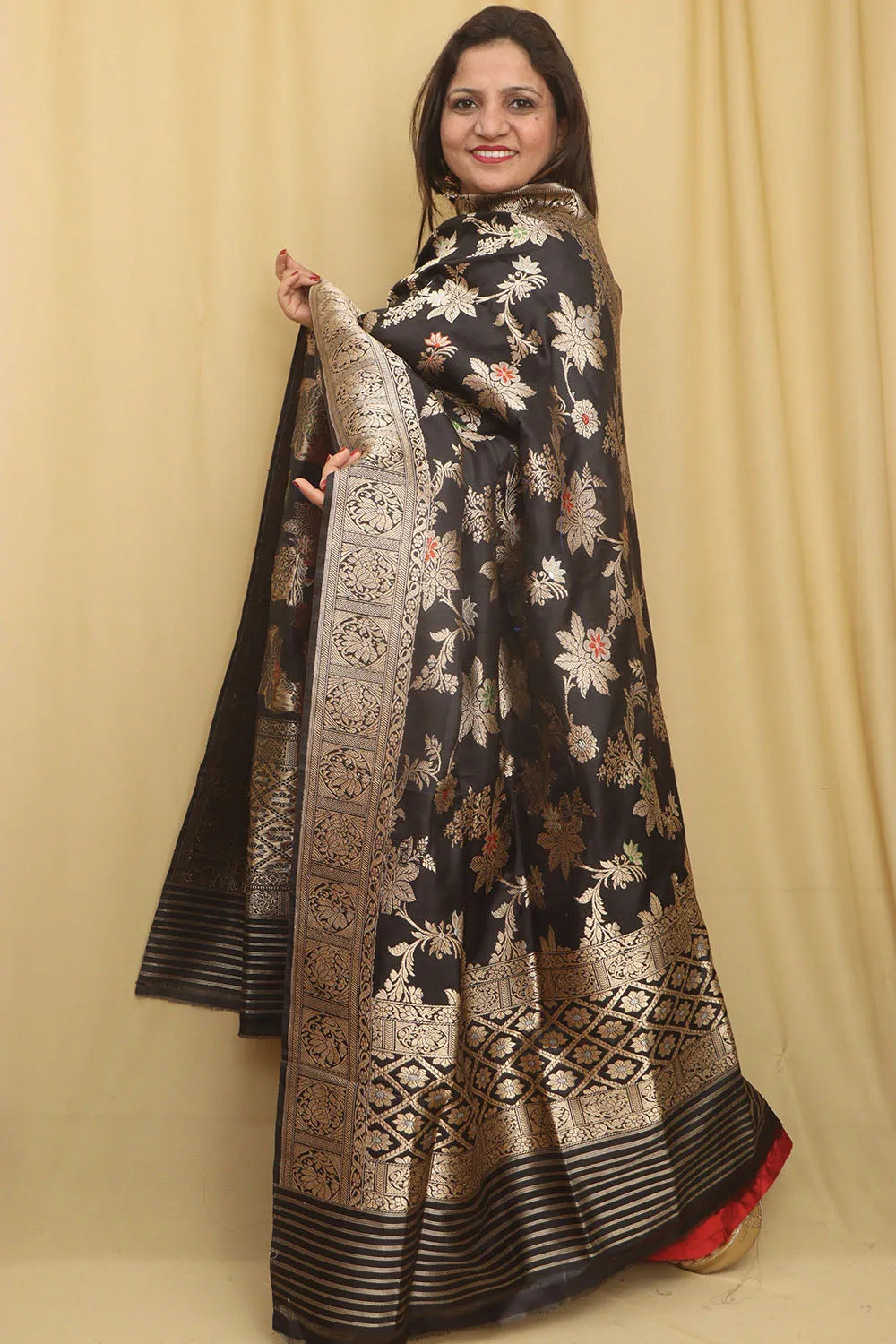 Exquisite Black Handloom Banarasi Silk Meenakari Dupatta