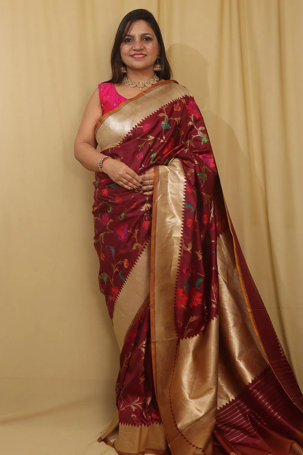 Exquisite Wine Banarasi Handloom Pure Katan Silk Meenakari Saree